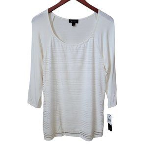 AB Studio Off White Striped Three Quarter Sleeve Scoop Neck Top